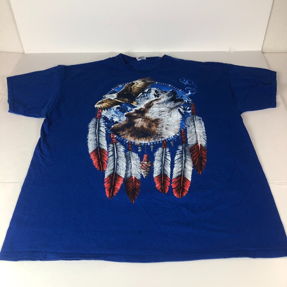 Nature Shirt Men's Extra Extra Large Blue Dream Catcher Wolf & Eagle Mountains